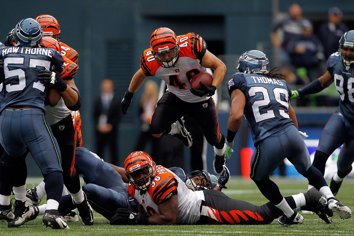 SEATTLE - OCTOBER 30: Brian Leonard #40 of the Cincinnati Bengals runs the ball against the Seattle Seahawks on October 30, 2011 at Century Link Field in Seattle, Washington.  (Photo by Jonathan Ferrey/Getty Images)
