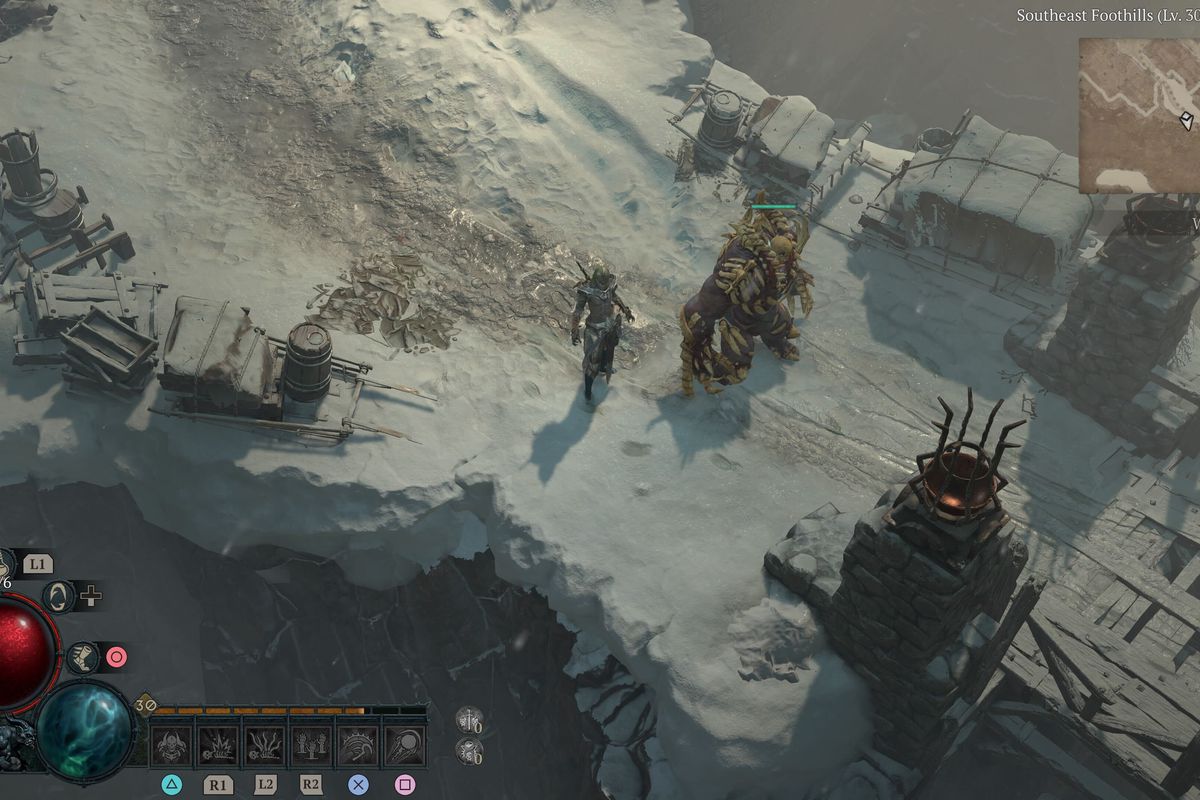 A Necromancer stands in the Fractured Peaks in Diablo 4 next to their Golem