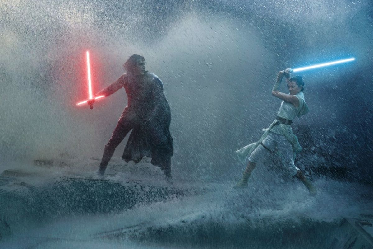 Kylo Ren (Adam Driver) and Rey (Daisy Ridley) clash in a promotional still from “Star Wars Episode IX: The Rise of Skywalker.”