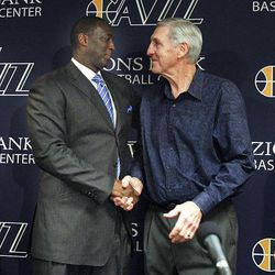 New Jazz coach Tyrone Corbin shakes hands with Jerry Sloan as Utah Jazz coach Jerry Sloan resigns after being the head coach for the Jazz since 1988  Thursday, Feb. 10, 2011, in Salt Lake City, Utah.