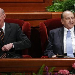 Presidents Thomas S. Monson and Henry Eyring smile at attendees priro to the 182nd Annual General Conference for The Church of Jesus Christ of Latter-day Saints in Salt Lake City  Sunday, April 1, 2012. 
