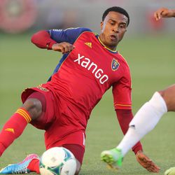 Real Salt Lake forward Robbie Findley (10) slides for the ball against the Los Angeles Galaxy during an MLS game in Sandy Saturday, June 8, 2013. RSL beat L.A. 3-1.