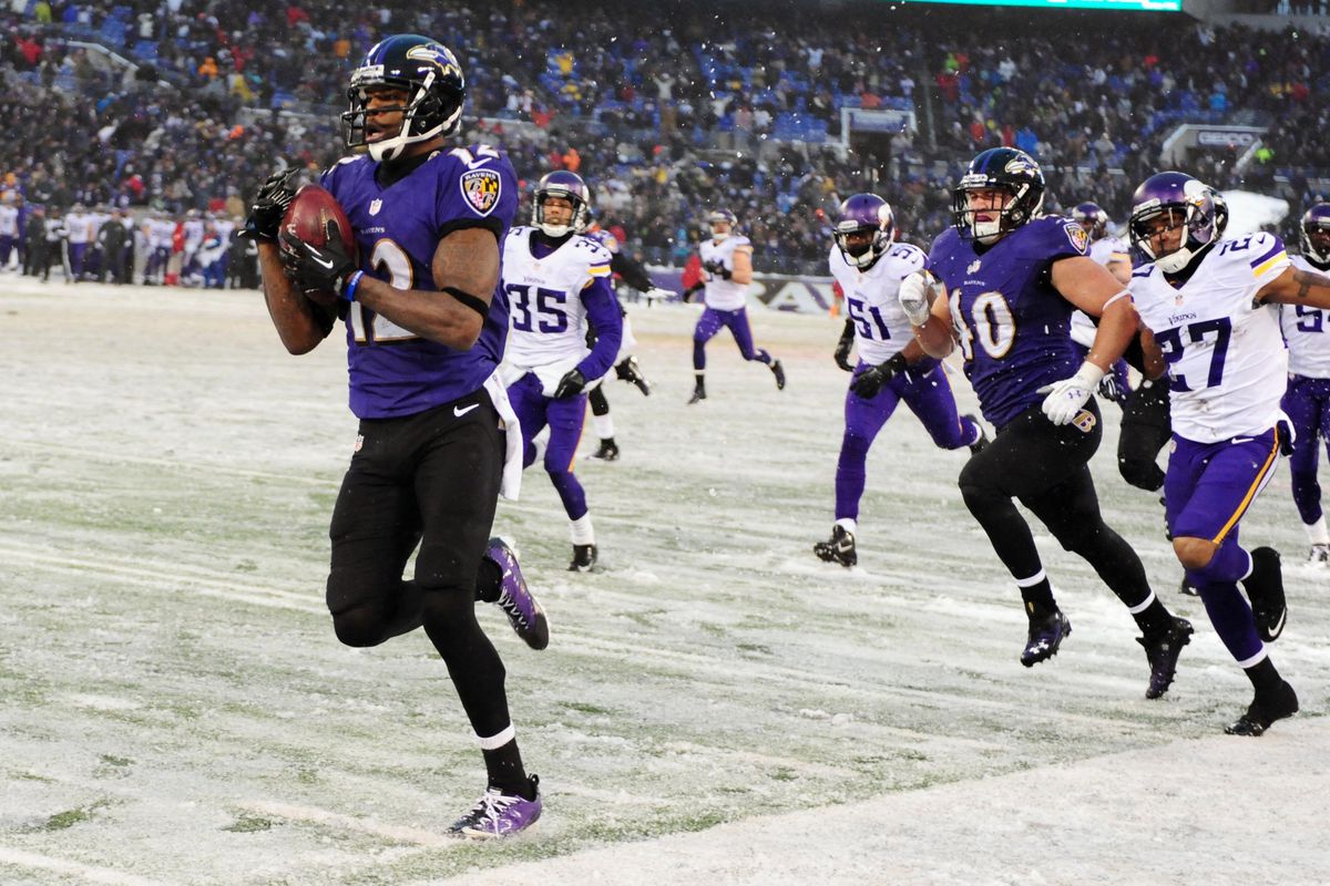 Jacoby Jones returned this kickoff 77 yards for a touchdown in snowy and icy conditions. Weather would be the only thing to keep kickoffs in play if they get moved up to the 40.
