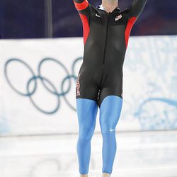 USA's Chad Hedrick reacts after the men's 1500 meters race at the Richmond Olympic Oval at the Vancouver 2010 Olympics in Vancouver, British Columbia, Saturday.