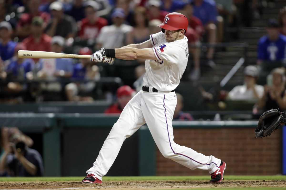 Texas Rangers center fielder Jared Hoying singles in the go ahead run in the eighth inning against the Tampa Bay Rays at Globe Life Park in Arlington.&nbsp;