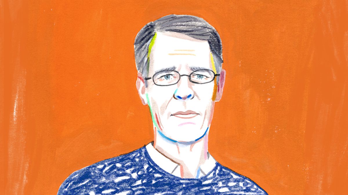 An illustration of the head and shoulders of Kim Stanley Robinson on an orange background.