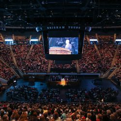 Elder Gerrit W. Gong, of the Quorum of the Twelve Apostles of the LDS Church, speaks at the BYU Women's Conference at the Marriott Center in Provo on Friday, May 4, 2018.