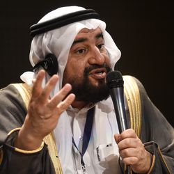 Abdullah Al Lheedan, from Saudi Arabia talks at the G20 Interfaith Forum in Buenos Aires, Argentina,  Sunday, Sep 26, 2018. (AP Photo/Gustavo Garello)
