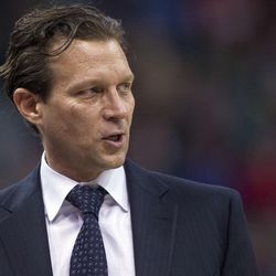 Utah head coach Quin Snyder speaks to a ref during a timeout of an NBA basketball game against Toronto in Salt Lake City on Friday, Dec. 23, 2016. Toronto took down Utah with a final score of 104-98.