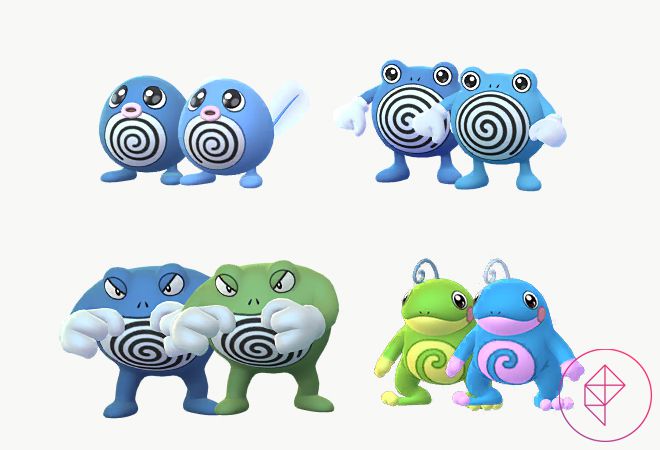 Shiny Poliwag, Poliwhirl, Poliwrath, and Politoed in Pokémon Go. Shiny Poliwag and Poliwhirl both turn a lighter shade of blue, Poliwrath turns a moss-green, and Politoed gets a blue and pink color scheme.