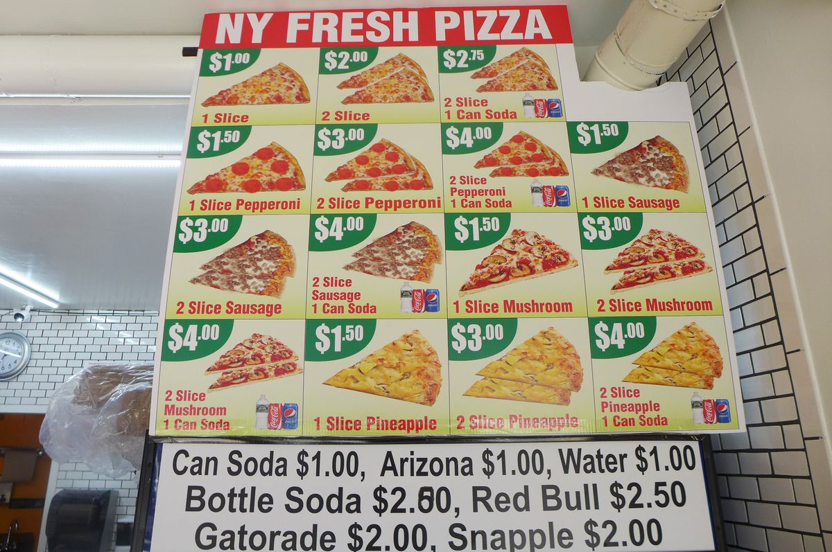 An menu board illustrated with cheap slices of pizza.