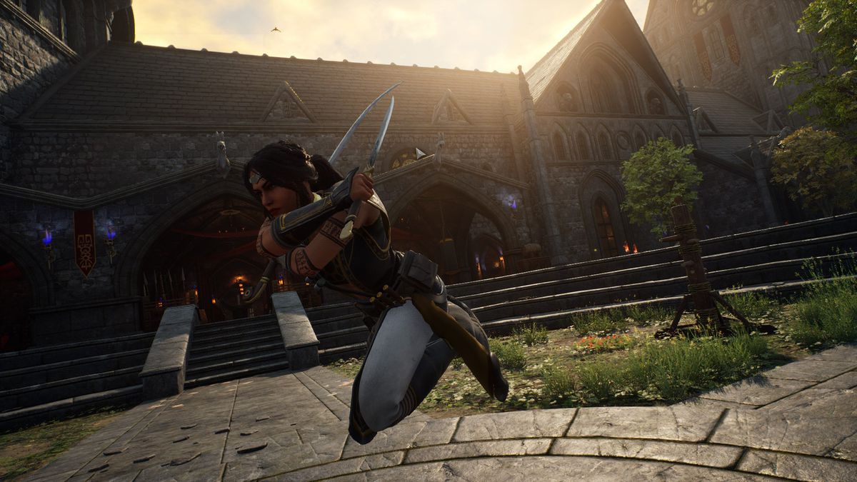 The Hunter in a battle pose outside of the Abbey