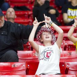 Utah fans cheer during a break in play of an NCAA women's volleyball match at the Huntsman Center in Salt Lake City on Friday, Nov. 25, 2016. Utah dropped its home finale to Colorado 3-2.