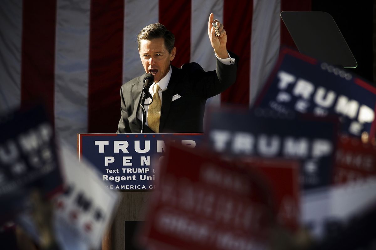 Faith and Freedom Coalition Founder Ralph Reed campaigns for then Republican presidential hopeful Donald Trump in Virginia Beach, Virginia, on October 22, 2016.