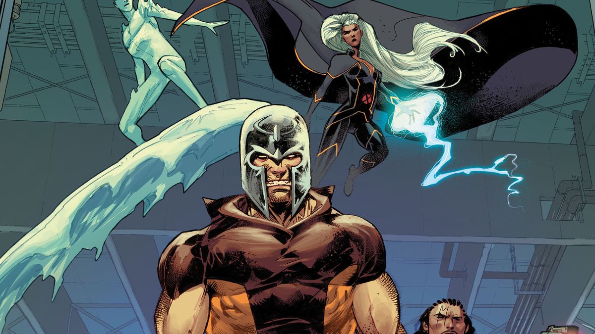 Wolverine (wearing Magneto’s helmet) stands with Pyro, Iceman, Storm, and Bishop in Wolverine #3, Marvel Comics (2020). 