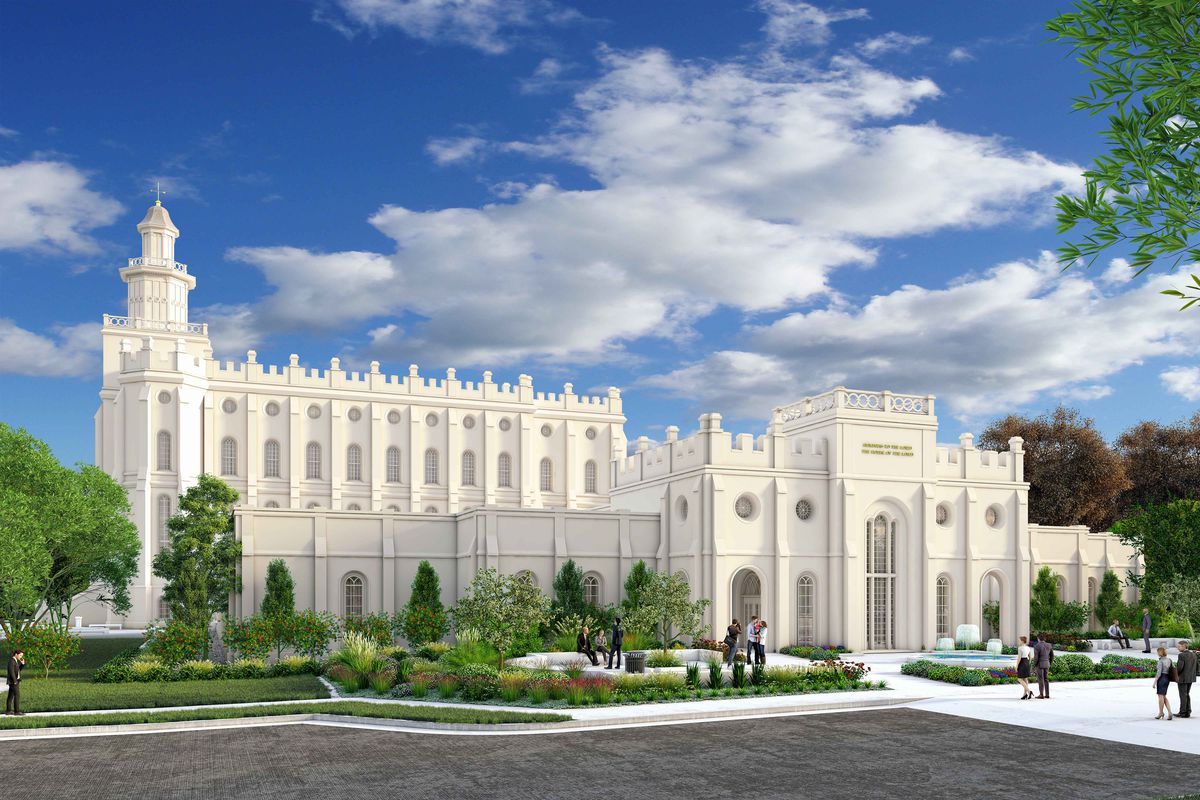 A rendering of the new temple annex for the St. George Utah Temple. The temple closed in November 2019 for extensive renovations expected to be complete in 2022.