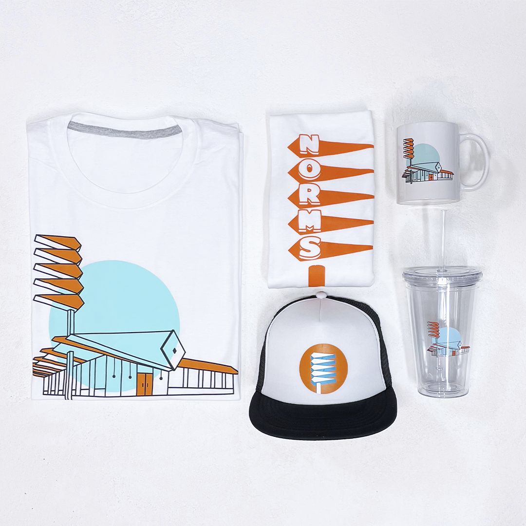 Googie architecture-inspired merch is on sale at all Norms locations.