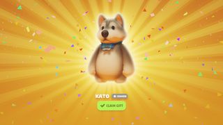 Kato, en fluffy hund iført et blåt sløjfe, som det ses i festdyr