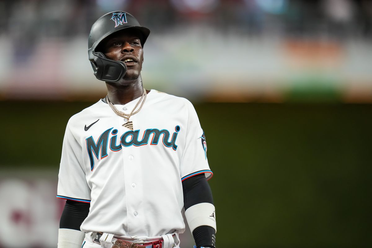 Jazz Chisholm Jr. #2 of the Miami Marlins looks on against the Minnesota Twins on April 3, 2023 at loanDepot park in Miami, Florida.