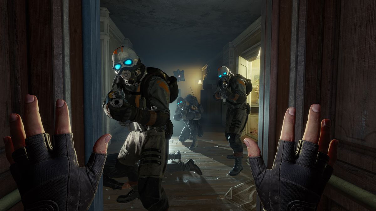 A first-person view of three Combine soldiers aiming at the player with their hands up