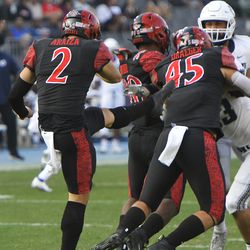 San Diego State placekicker Matt Araiza (2) has a kick deflected for a Utah State touchback in the second half during an NCAA college football game for the Mountain West Conference Championship, Saturday, Dec. 4, 2021, in Carson, Calif. 