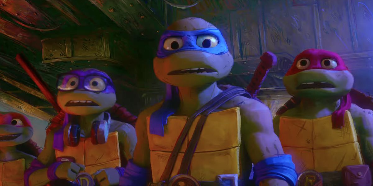 The Teenage Mutant Ninja Turtles look shocked in an animated image from Teenage Mutant Ninja Turtles: Mutant Mayhem.
