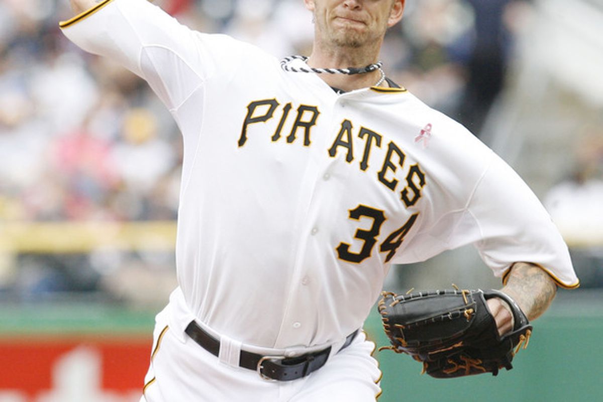 May 13, 2012; Pittsburgh, PA, USA; Pittsburgh Pirates starting pitcher A.J. Burnett (34) throws a pitch against the Houston Astros during the first inning at PNC Park. Mandatory Credit: Charles LeClaire-US PRESSWIRE