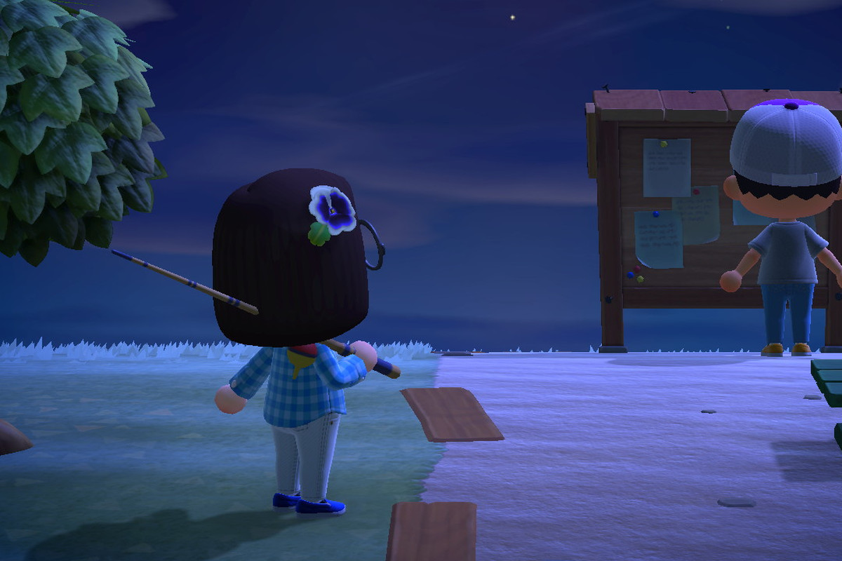 Animal Crossing: New Horizons - one player watches their friend check the village bulletin board.