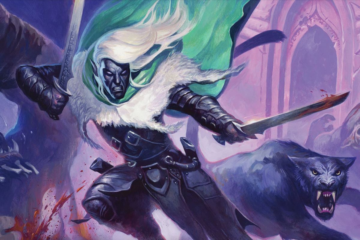 Drizzt and his panther leap into battle, blades and teeth flashing.