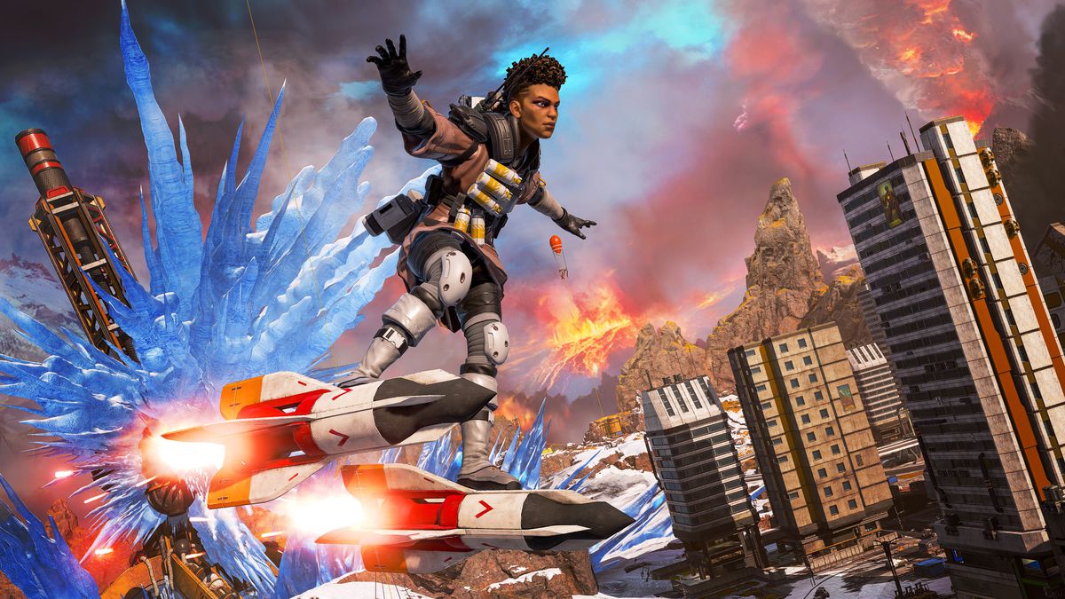 Bangalore rides two rockets in a screenshot from Apex Legends