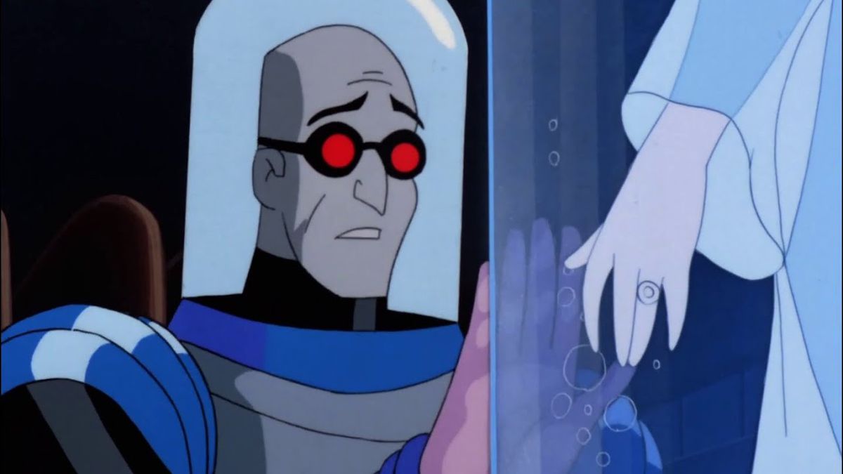 Mr. Freeze gazes sadly upon his frozen wife in Batman: The Animated Series. 