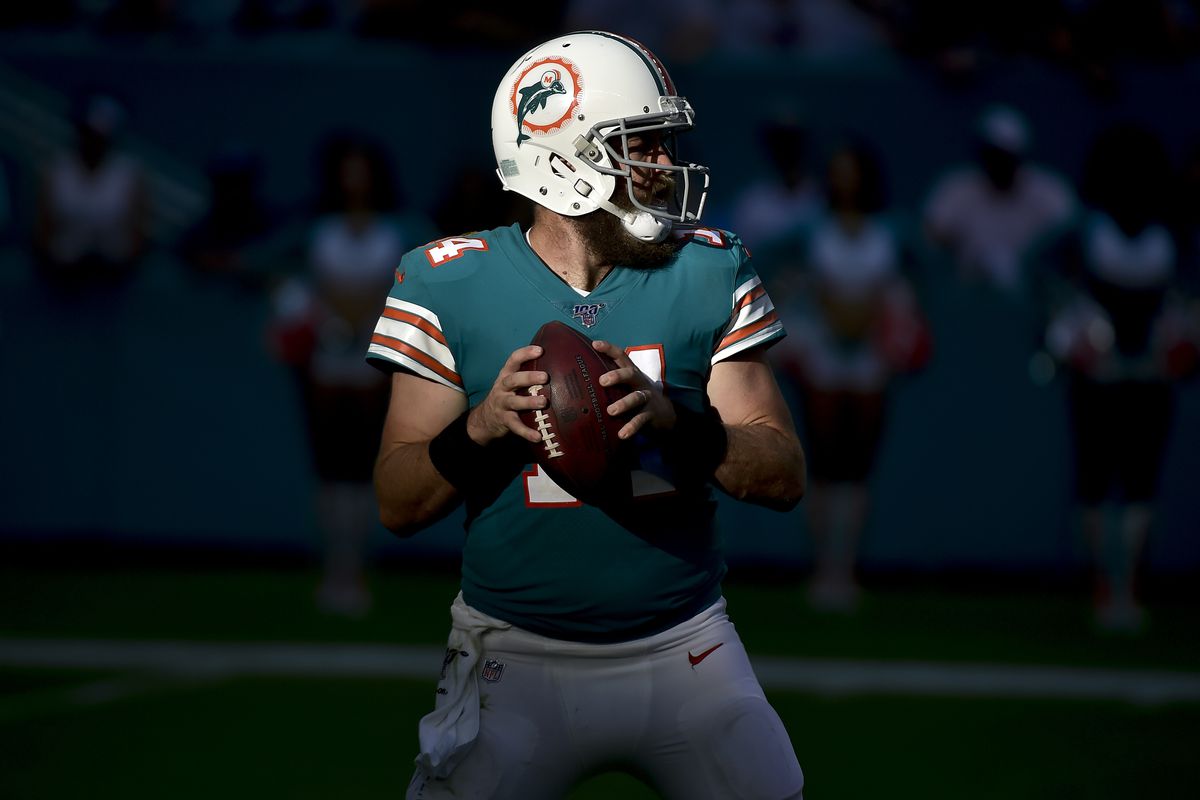 Ryan Fitzpatrick of the Miami Dolphins drops back to pass during the second half against the Philadelphia Eagles at Hard Rock Stadium on December 01, 2019 in Miami, Florida.