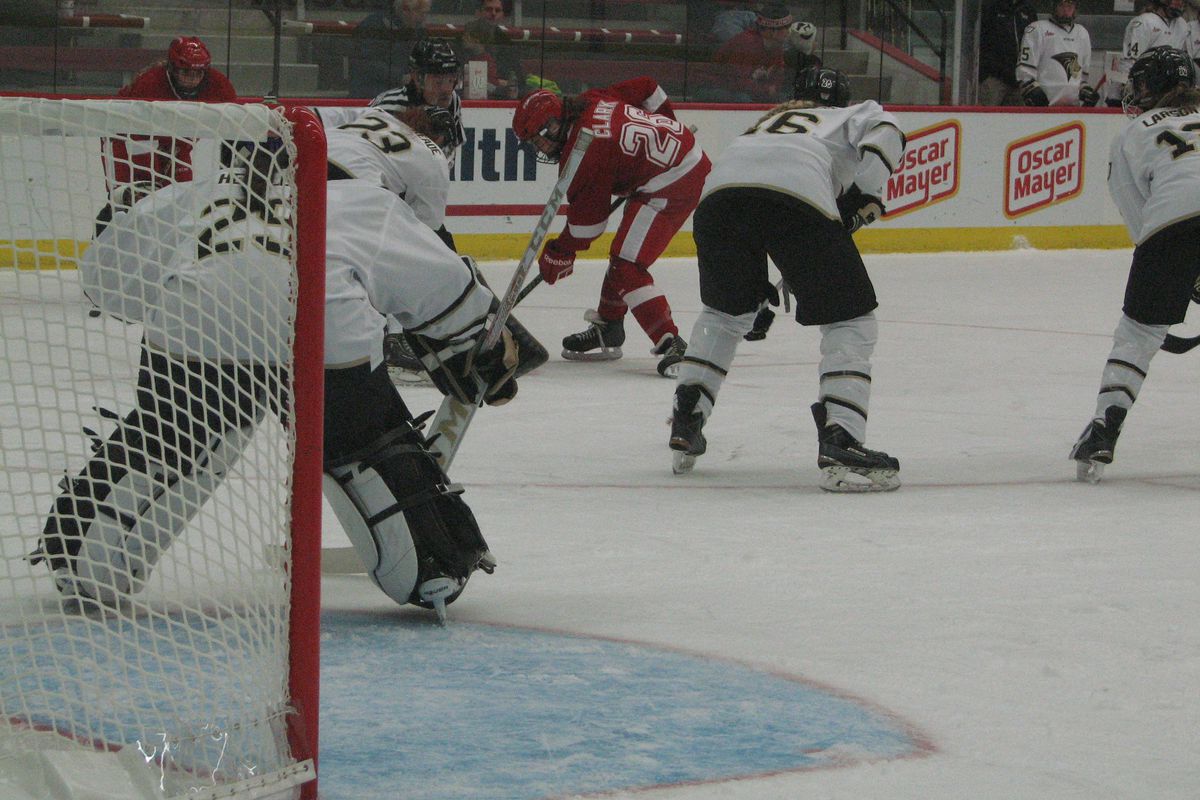 Emily Clark lines up for a third period faceoff