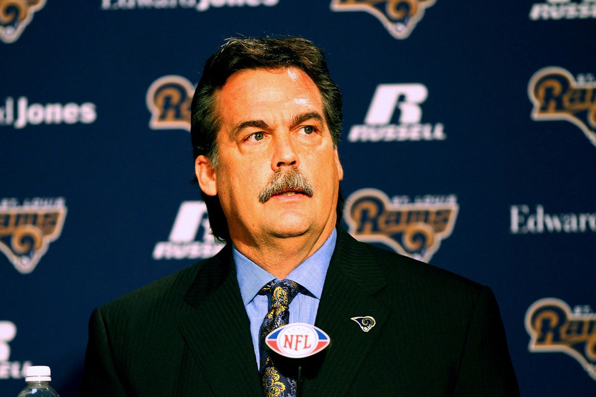 EARTH CITY, MO - JANUARY 17: New head coach Jeff Fisher of the St. Louis Rams addresses the media during a press conference at the Russell Training Center on January 17, 2012 in Earth City, Missouri.  (Photo by Dilip Vishwanat/Getty Images)