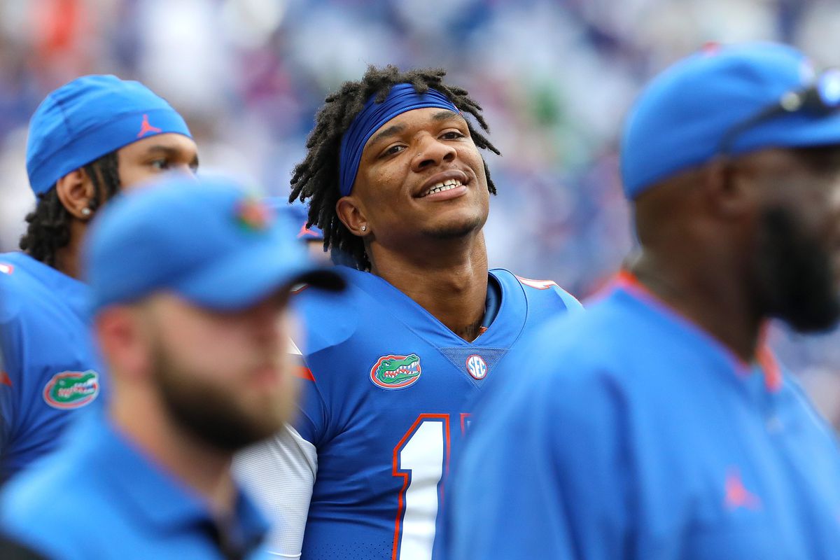Florida Gators quarterback Anthony Richardson walks off the field at halftime during the football game between the Florida Gators and The Alabama Crimson Tide, at Ben Hill Griffin Stadium in Gainesville, Fla. Sept. 18, 2021.&nbsp;