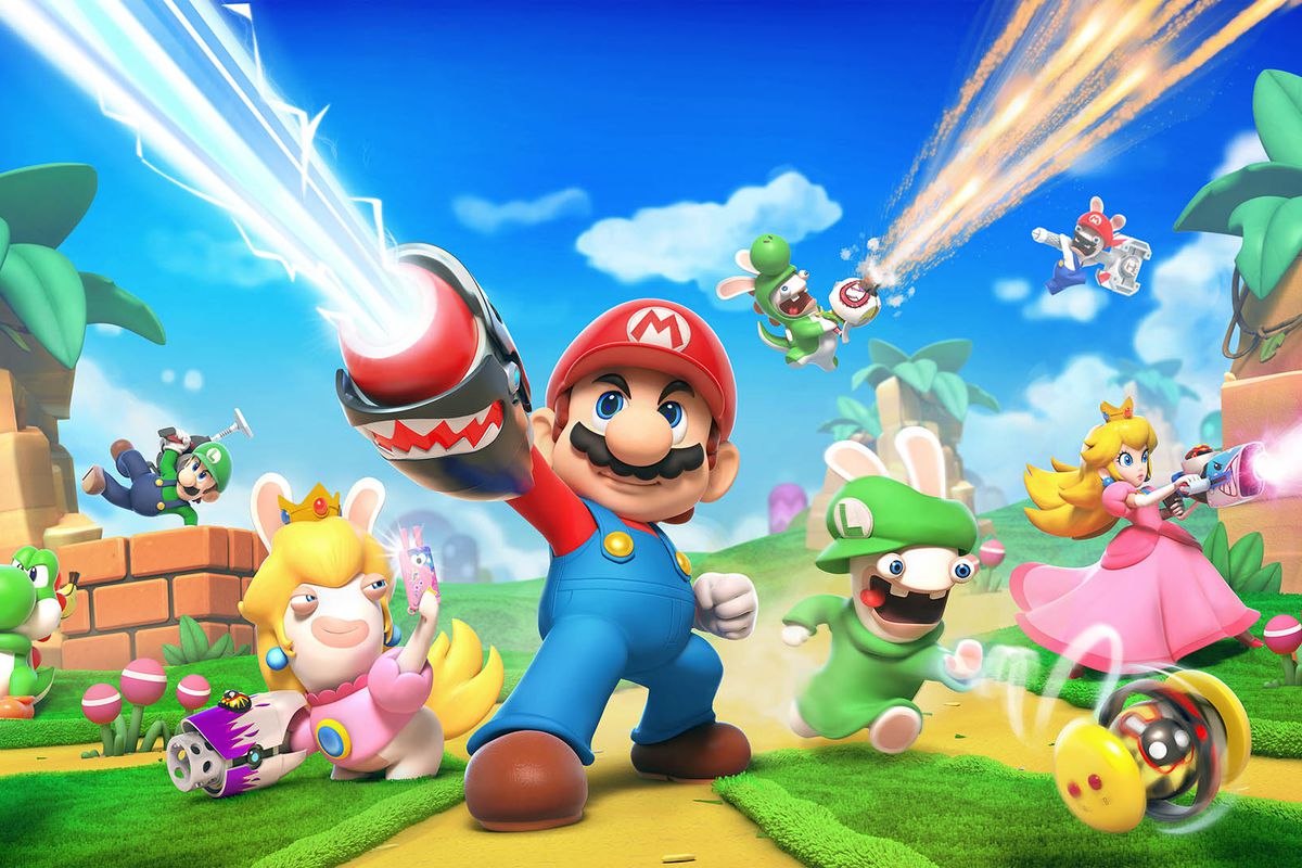 This artwork for Mario + Rabbids Kingdom Battle shows Mario shooting some sort of laser gun that is attached to his arm. Behind him, various rabbids and Mario characters such as Princess Peach and Yoshi are shooting their own weapons and leaping over piec