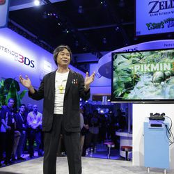 Shigeru Miyamoto, a Japanese video game designer, introduces the Pikmin 3 at the Nintendo Wii U software showcase during the E3 game show in Los Angeles, Tuesday, June 11, 2013. 