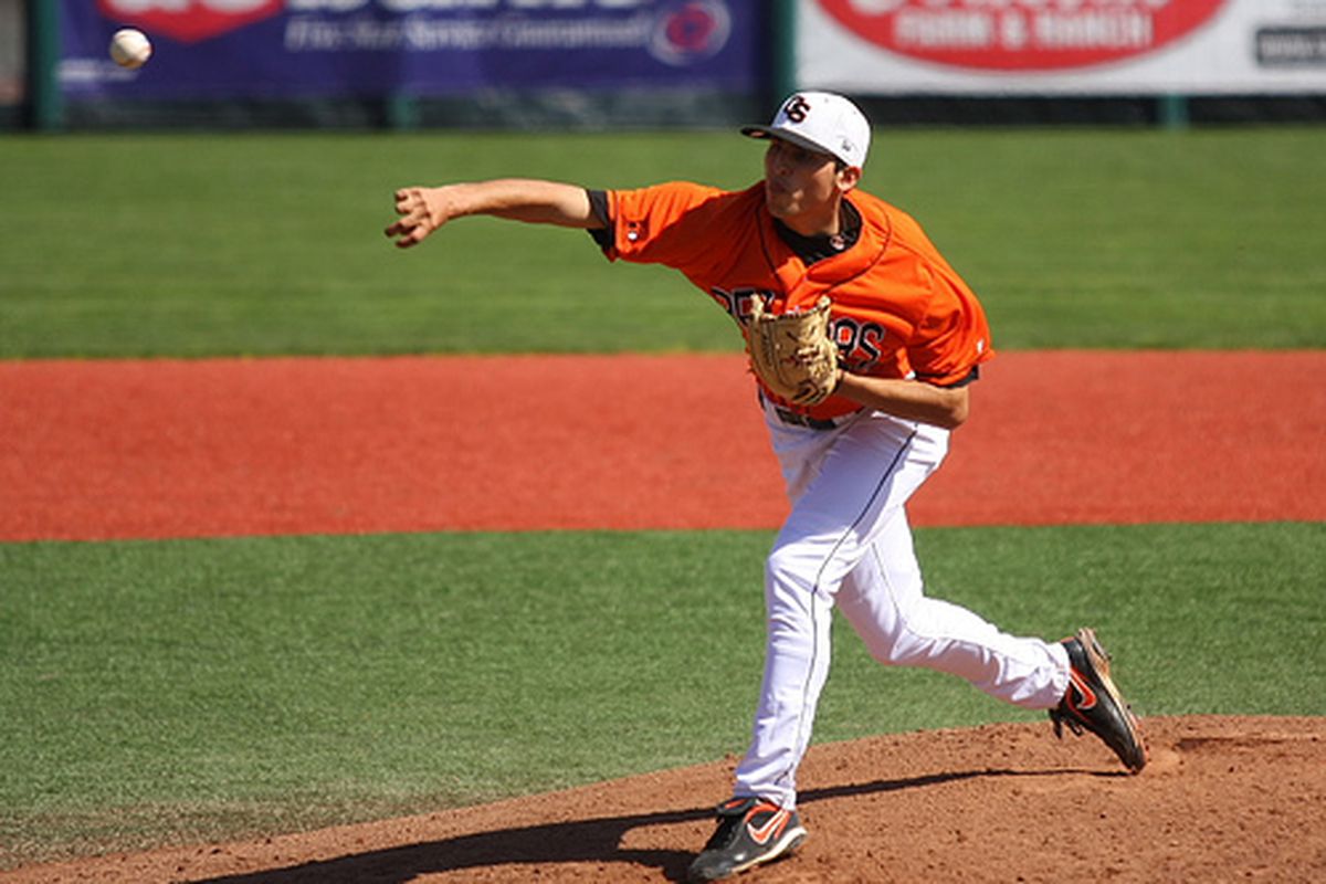 Jorge Reyes threw his first complete game of his Oregon State career against Texas A&M, allowing three earned runs in nine innings of work. (Photo by Ethan Erickson)