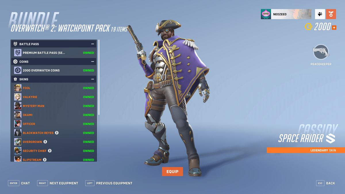 A menu screen in Overwatch 2 showing the contents of the Watchpoint Pack bundle. Cassidy is in the center of the screen wearing his Space Raider costume, a futuristic pirate outfit with an eyepatch and a shoulder cape.