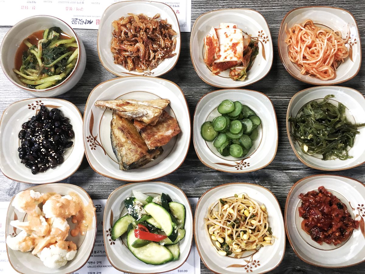 Banchan spread at the newly reopened Sa Rit Gol in Koreatown