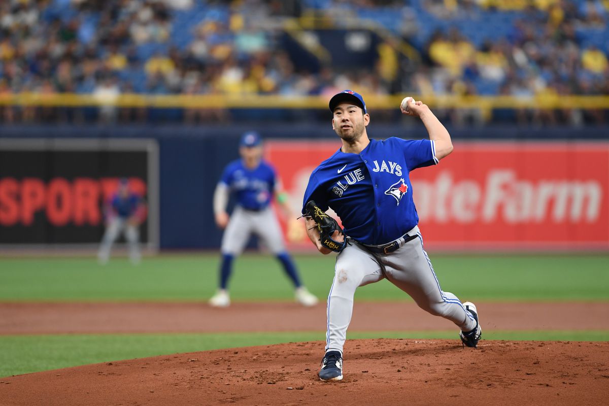 Yusei Kikuchi #16 of the Toronto Blue Jays delivers a pitch against the Tampa Bay Rays during the first inning at Tropicana Field on September 24, 2023 in St Petersburg, Florida.