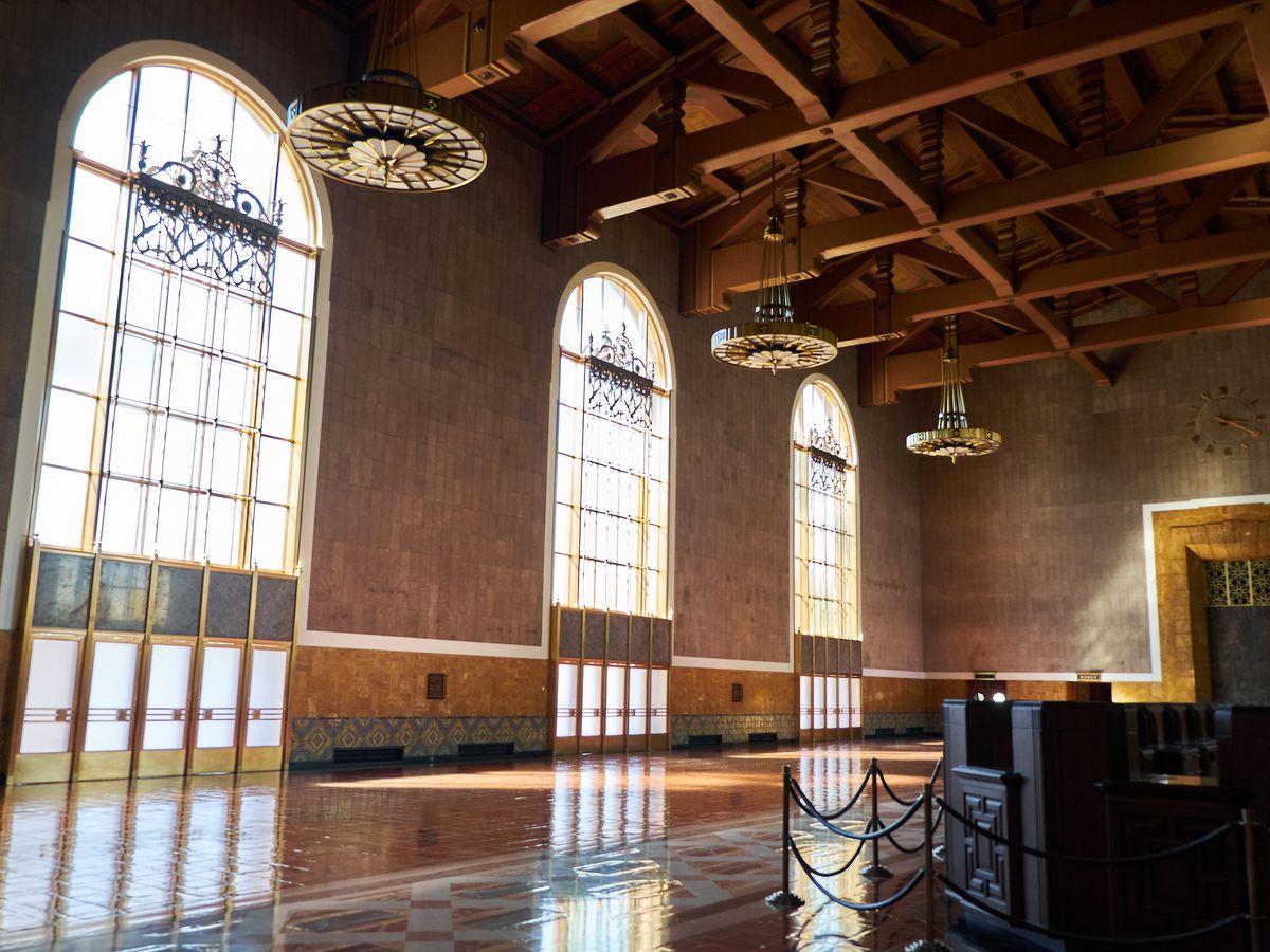 Light shines in from big windows at Union Station’s art deco ticket counter.