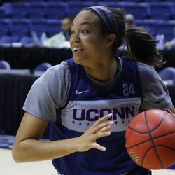 The UConn Huskies practice before their first round matchup with the Towson Tigers in the NCAA Tournament on March 21, 2019.