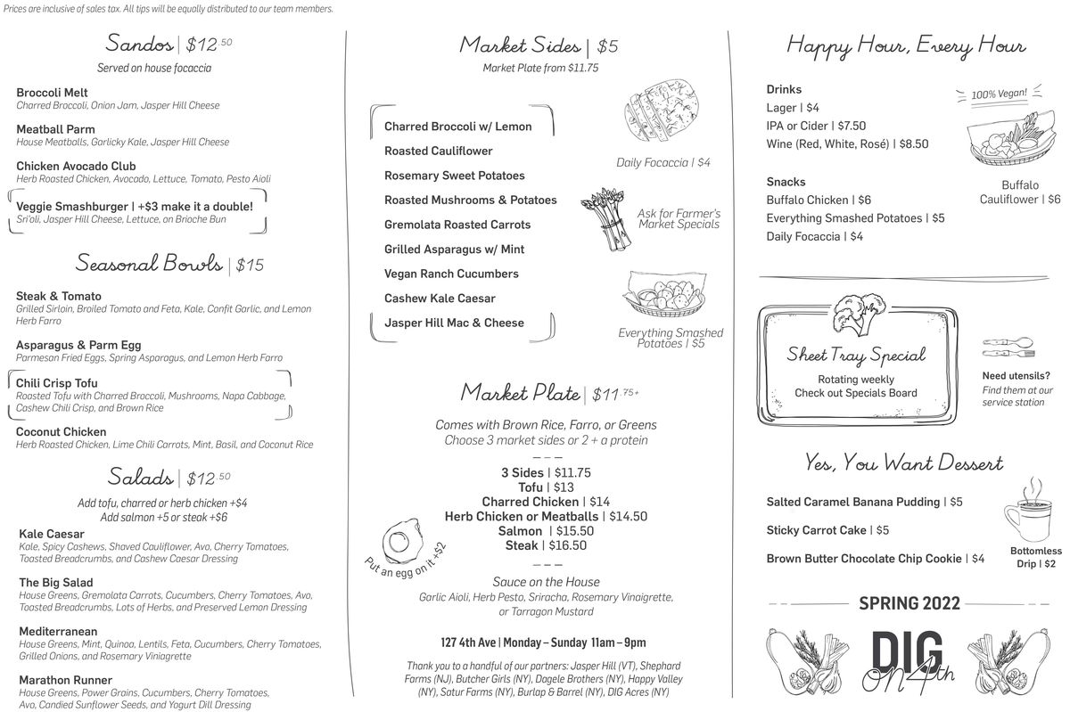A PDF of a restaurant menu with black lettering on a white background and sketches of vegetables scattered around the text.