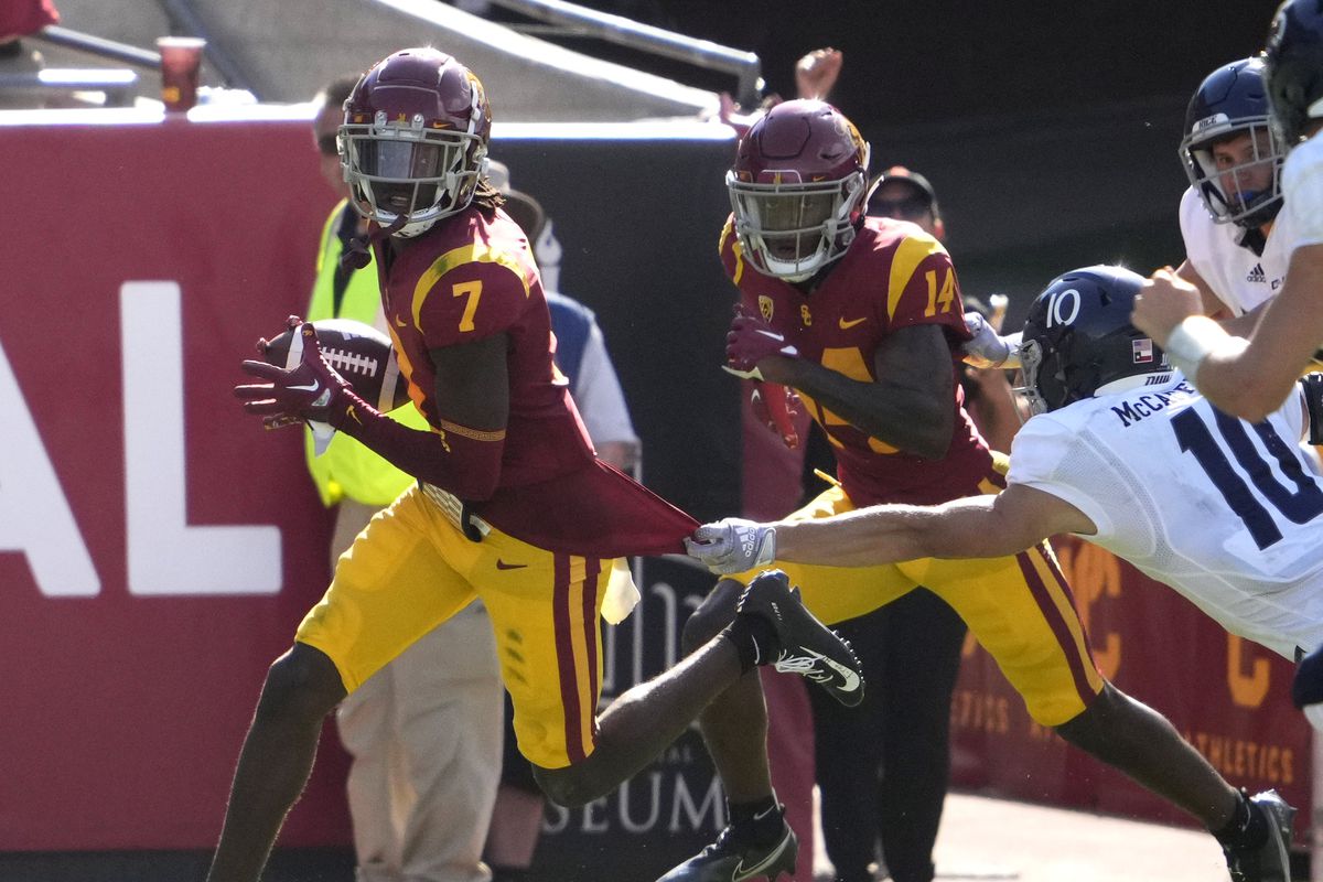 USC Trojans defeated the Rice Owls 66-14 during a NCAA football game at the Los Angeles Memorial Coliseum.