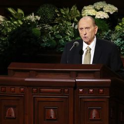President Thomas S. Monson announces five new temples as he speaks in the Conference Center in Salt Lake City during the Sunday morning session of the LDS Church"™s 187th Annual General Conference on Sunday, April 2, 2017.