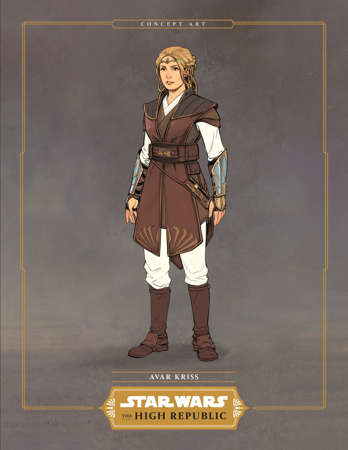 Avar Kriss in brown and white Jedi traveling clothes.