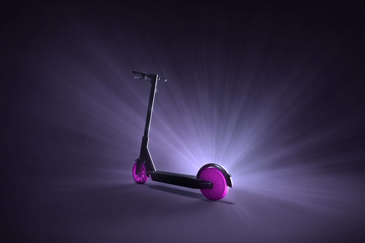 A black and purple e-scooter lit up against a black backdrop.
