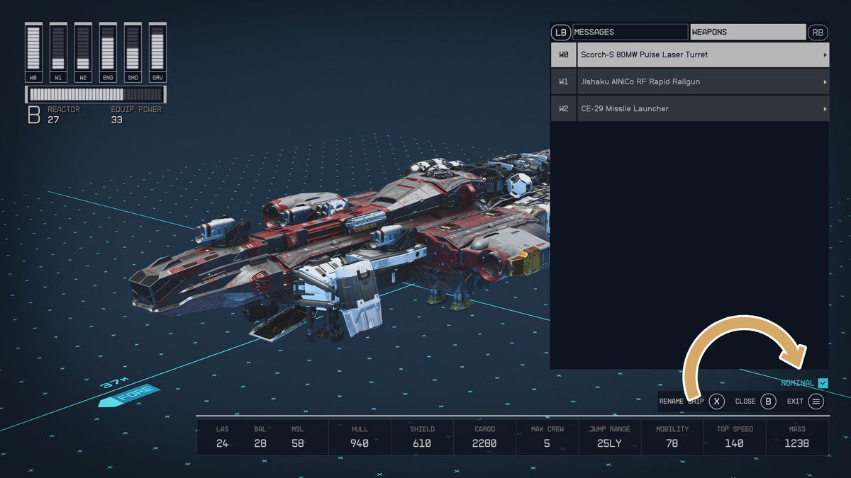 The Starfield ship builder shows systems nominal when assigning a weapon to a group.