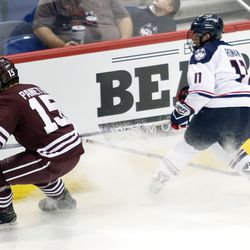 The Colgate Raiders vs UConn Huskies men's college hockey game at the XL Center in Hartford, CT on December 8, 2017.